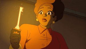 Screenshot from game of a young Black woman holding a glowing key