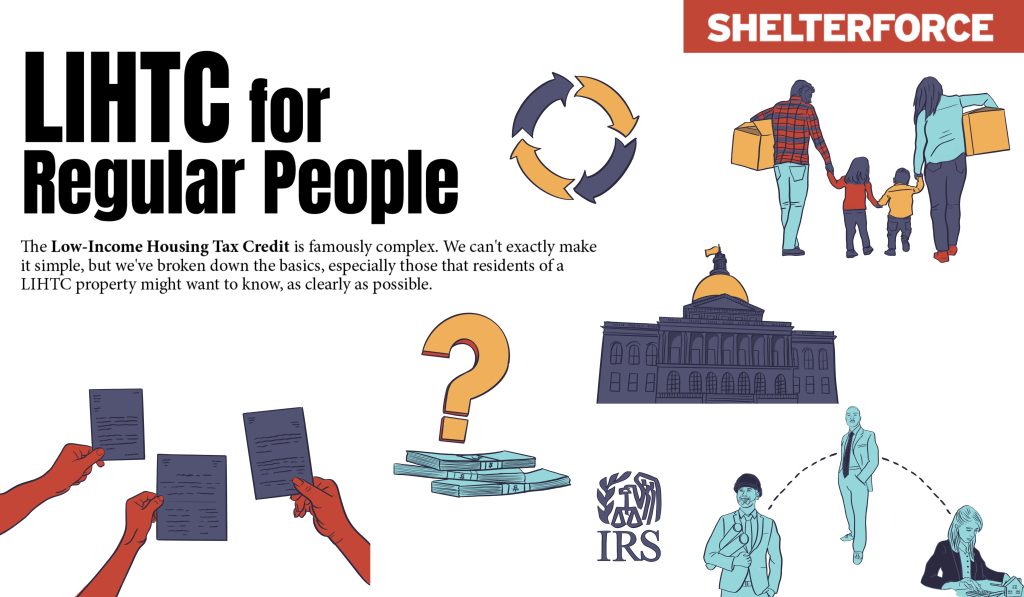 A number of colorful stock images to illustrate the basics of LIHTC: A family of four, two adults carrying moving cartons, and two children; three hands holding up application forms; a yellow question mark hovering over a pile of currency; the logo of the IRS; a cartoonish image of a state capital. The main text reads "LIHTC for Regular People."