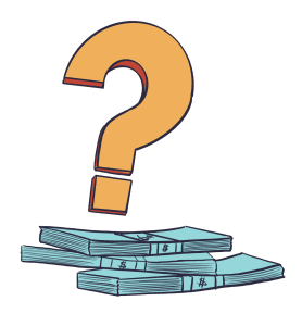 A drawing of a large gold question mark hovering over three bundled stacks of bills, to illustrate a question about LIHTC rents.